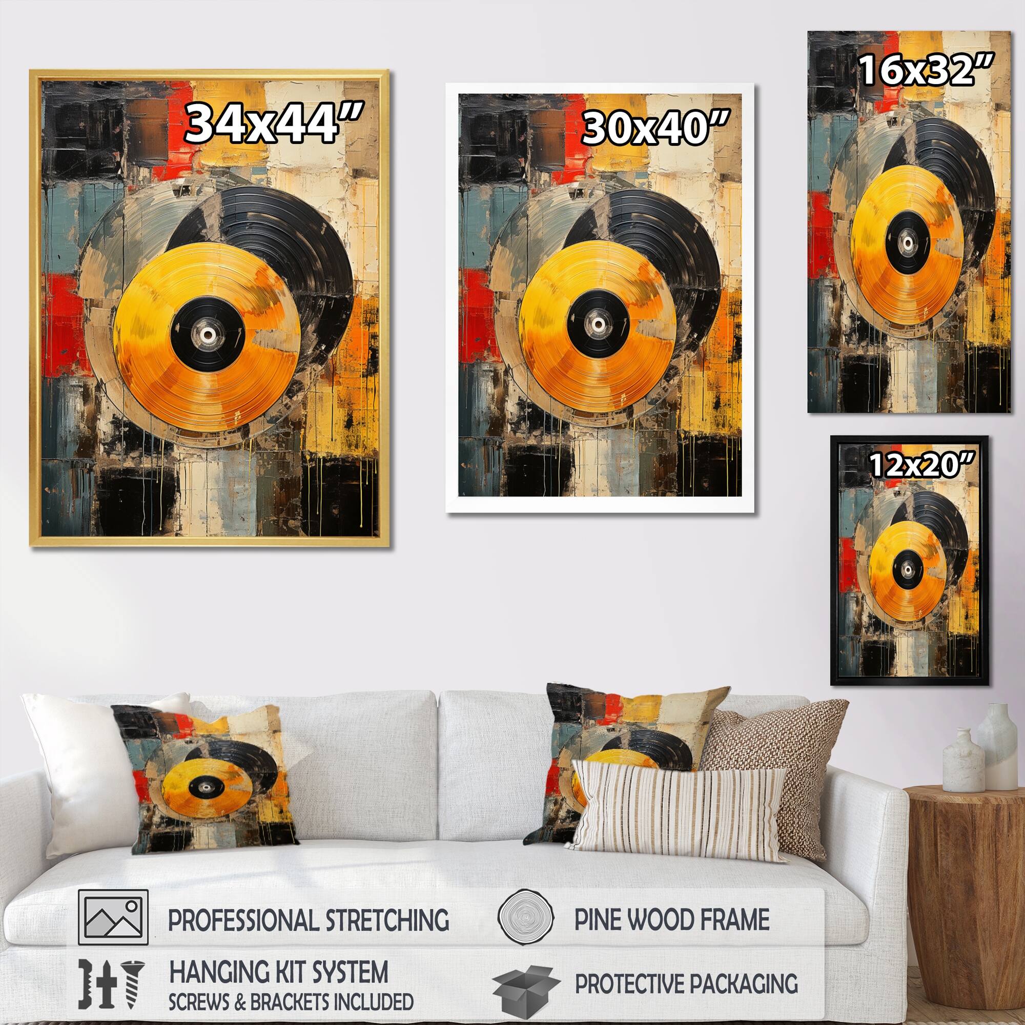 Designart "Colorful Retro Vinyl I" Vinyl Records Framed Canvas Wall Art